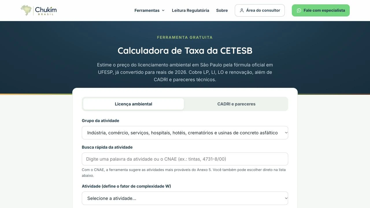 Tela real da calculadora de taxas CETESB, com atividade e parâmetros para o cálculo